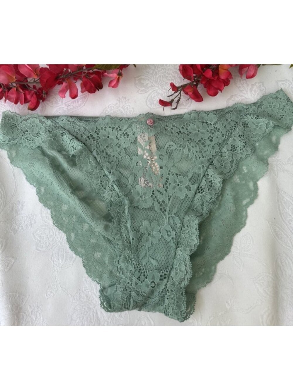 VICTORIA'S SECRET M GREEN LACE DREAM ANGELS HI LEG BRAZILIAN SUMMER PANTIES NWT